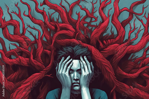 Generative AI illustration of sad sorrowful man covering face with hands while sitting under red tentacles with interconnected root problems