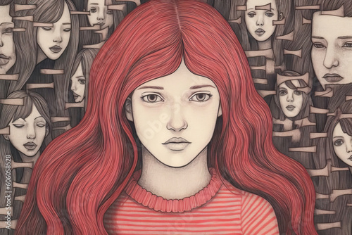 Generative AI illustration portrait of young female with red hair looking at camera while standing near wall representing bullying photo