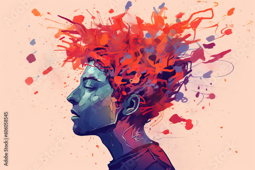 Generative AI illustration portrait of man with orange and red splash paints over bushy hair against grey background photo