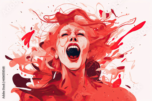 Generative AI illustration of angry woman screaming with closed eyes in red abstract style representing concept of mental health problems