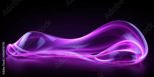 Generative AI illustration of luminous transparent glassy material in purple shining neon light on dark background