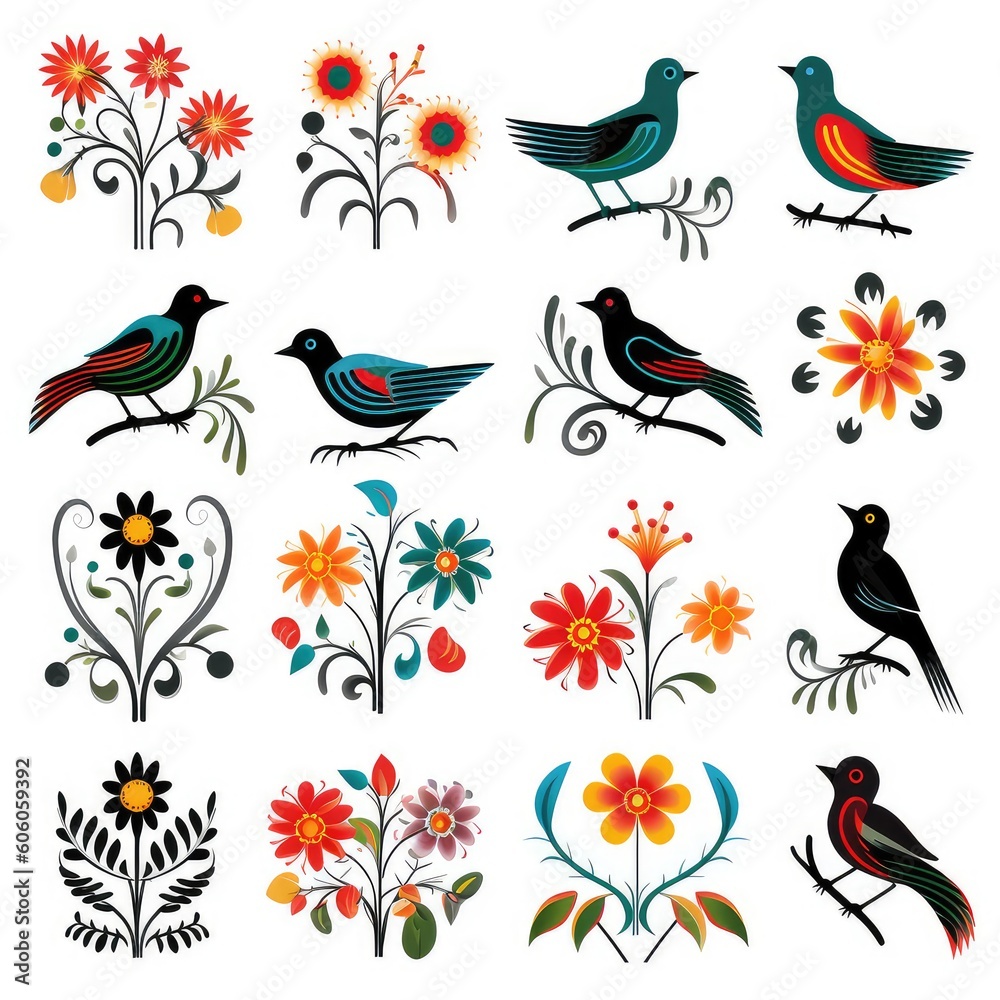 Obraz premium A Collection of Floral Icons and Symbols, set of elements for design, birds and flowers