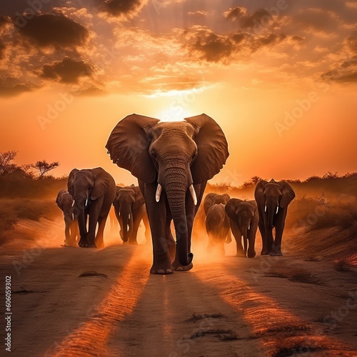 elephants in the sunset