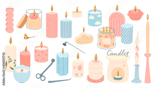 A set of candles of different shapes in pastel colors isolated on a white background. Vector graphics.