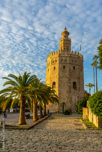 Gold tower on sunset (Torre del Oro) in Sevilla, Spain on January 1, 2023