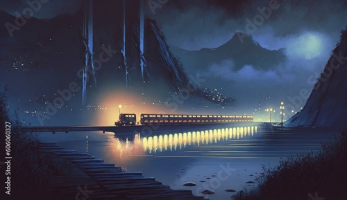 night scene of train with glowing light passing through valley above river, illustration painting, Generative AI