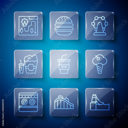 Set line Shooting gallery, Roller coaster, Water slide, Ferris wheel, Paper glass with water, Popcorn box and, Amusement park map and Ice cream waffle cone icon. Vector