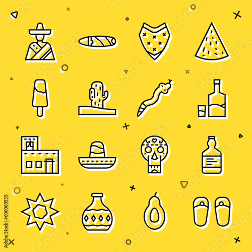 Set line Flip flops, Tequila bottle, and glass, Poncho, Cactus, Popsicle ice cream, Mexican man sombrero and Snake icon. Vector