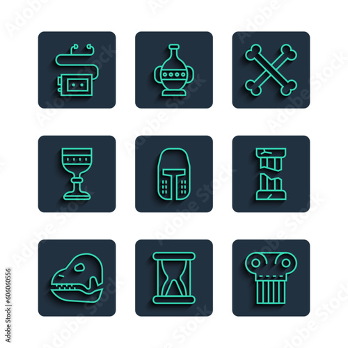 Set line Dinosaur skull, Old hourglass with sand, Ancient column, Crossed human bones, Medieval iron helmet, goblet, Museum audio guide and Broken ancient icon. Vector