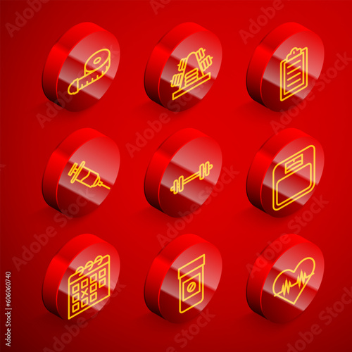 Set line Tape measure, Metal rack with weights, Sport training program, Doping syringe, Barbell, Bathroom scales, Calendar fitness and Anabolic drugs icon. Vector