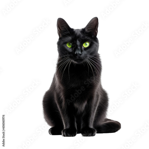 a Black cat with emerald green eyes, full body and sitting, soft furry pet, piercing eyes, Pet-themed, photorealistic illustrations in a PNG, cutout, and isolated. Generative AI