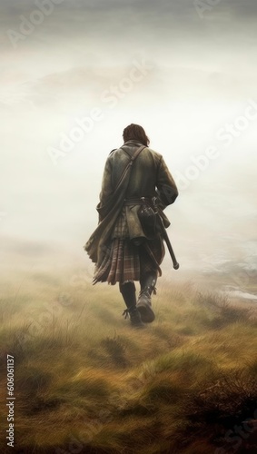 A Scottish highlander man holding a bagpipe. rear view and walking away.