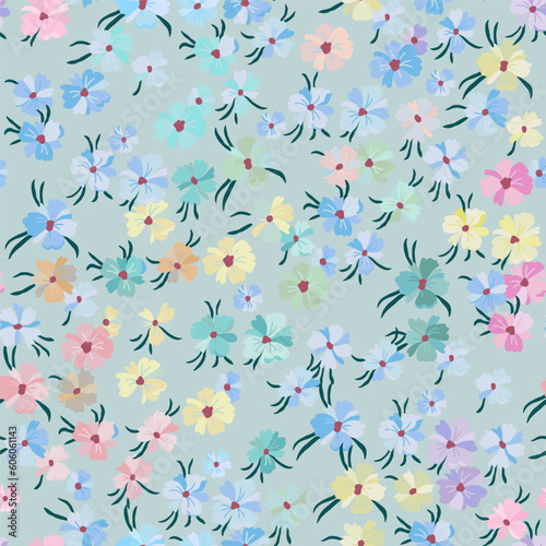 Vector seamless pattern with lots of small flowers of different colors on a gray background.