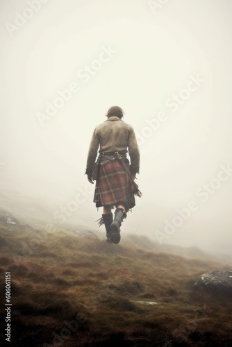 handsome highlander walking away and wearing a red kilt. looking down while he walks. photo