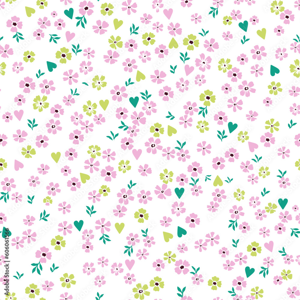 Cute floral pattern of small flowers and green and light green hearts. Seamless vector texture. An elegant template for fashionable prints. Very small pink flowers on a white background.