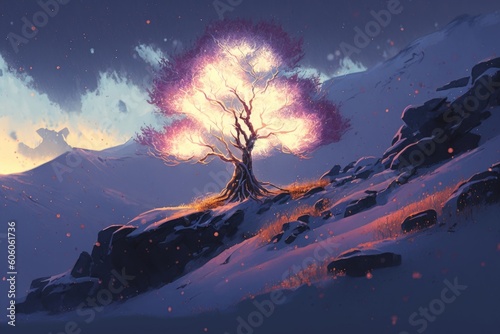 fantasy landscape showing bare tree in winter with glowing snow  digital painting  Generative AI