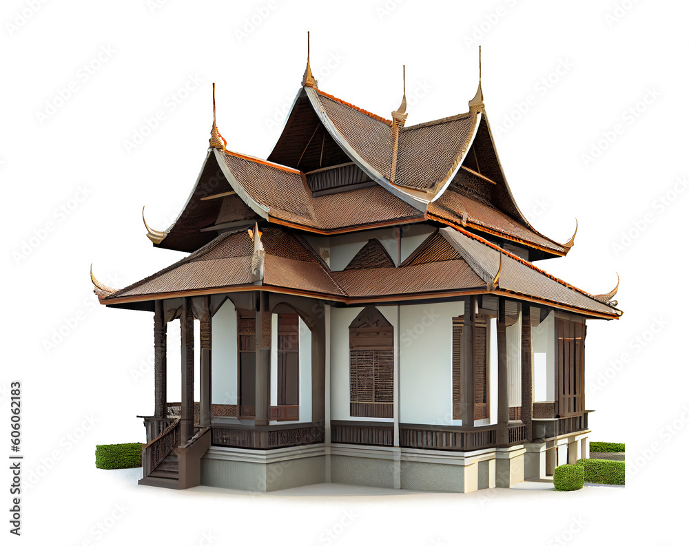 Thai style house on white background with clipping path. generative AI