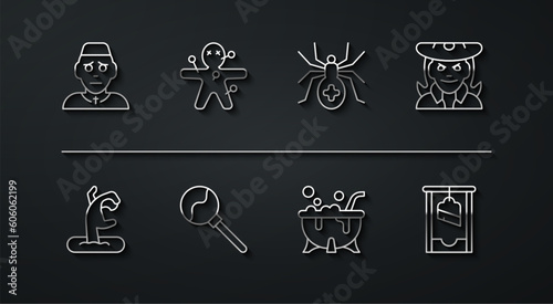 Set line Priest, Zombie hand, Witch, Halloween witch cauldron, Lollipop, Voodoo doll, Guillotine and Spider icon. Vector