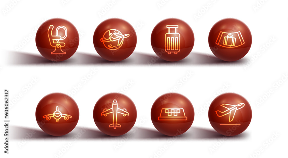 Set line Airplane seat, Plane, Conveyor belt with suitcase, Taxi car roof, Globe flying, takeoff and Suitcase icon. Vector Set line Airplane seat, Plane, Conveyor belt with suitcase, Taxi car roof, Globe flying, takeoff and Suitcase icon. Vector