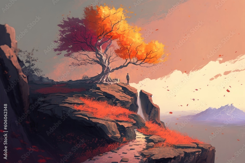 landscape painting of melting autumn tree on top of the mountain, Generative AI