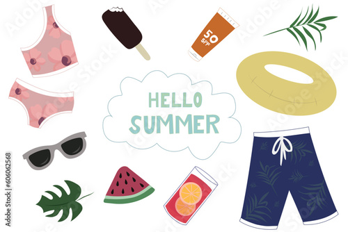 Cute Summer Set for Summer Elements. Collection of scrapbooking elements for beach party. Tropical vacation concept