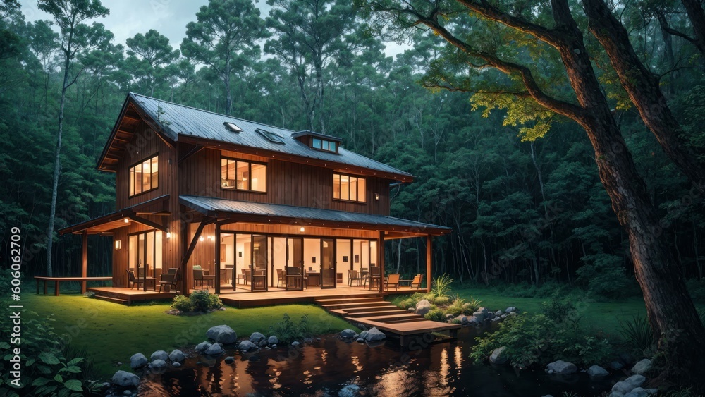 a house with a pond in the front. Ai llustration. digital painting. Generative AI Artificial Intelligence Artwork a house with a pond in the front. Ai llustration. digital painting. Generative AI Artificial Intelligence Artwork
