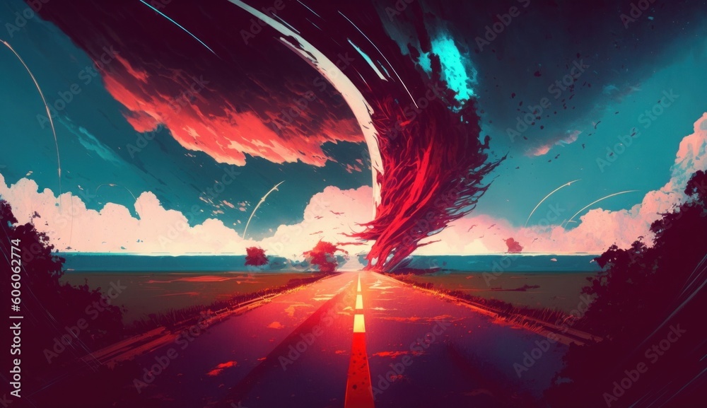 road with lightning and red storm ahead, illustration painting, Generative AI road with lightning and red storm ahead, illustration painting, Generative AI