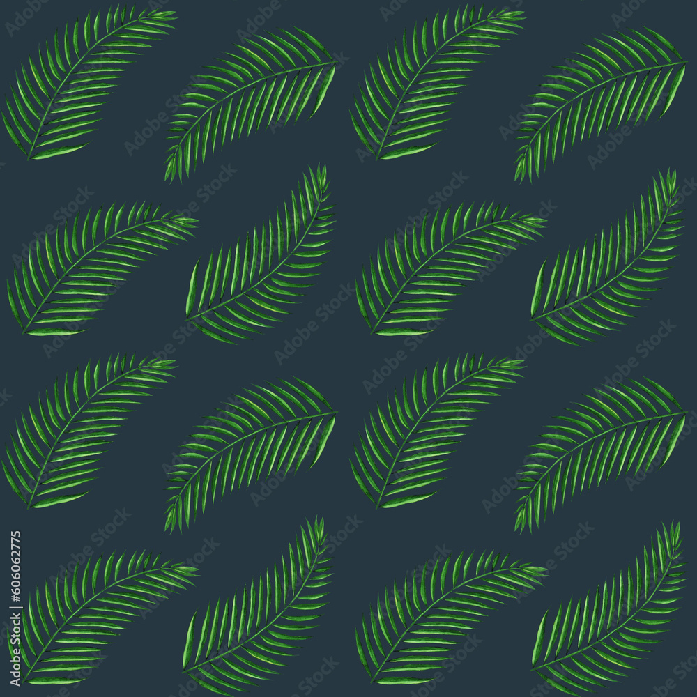 Tropical seamless pattern with coconut palm leaves on dark black-blue background. Hand drawn watercolor illustration.