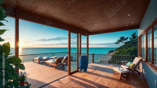 a deck with chairs and tables on it with a body of water in the background. Ai llustration. digital painting. Generative AI Artificial Intelligence Artwork