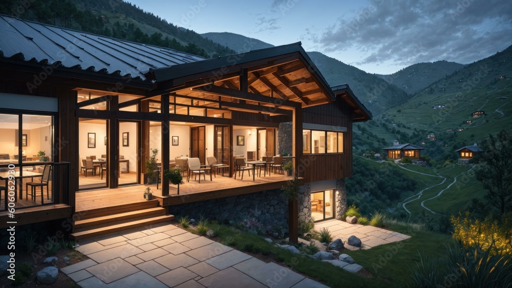 custom made wallpaper toronto digitala house with a stone patio. Ai llustration. digital painting. Generative AI Artificial Intelligence Artwork