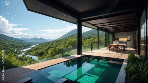 a swimming pool with a view of mountains and trees. Ai llustration. digital painting. Generative AI Artificial Intelligence Artwork