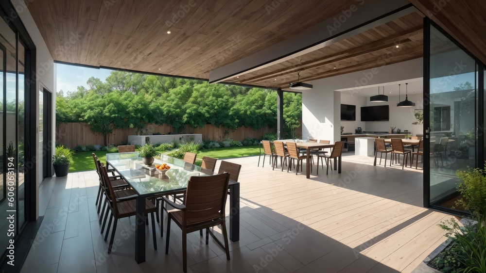 a patio with tables and chairs. Ai llustration. digital painting. Generative AI Artificial Intelligence Artwork a patio with tables and chairs. Ai llustration. digital painting. Generative AI Artificial Intelligence Artwork