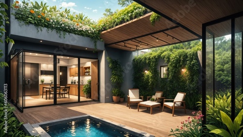 a swimming pool and a house. Ai llustration. digital painting. Generative AI Artificial Intelligence Artwork