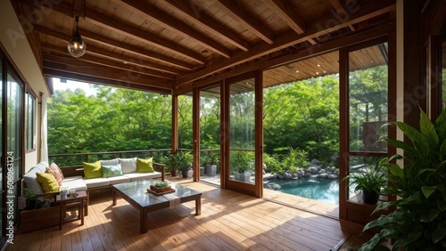 a room with a pool and a deck with trees and plants. Ai llustration. digital painting. Generative AI Artificial Intelligence Artwork