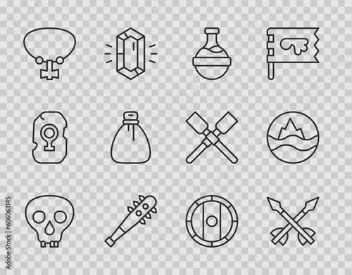 Set line Skull, Medieval arrows, Bottle with potion, Mace spikes, Necklace gem, Old money bag, Shield viking and Sea and waves icon. Vector