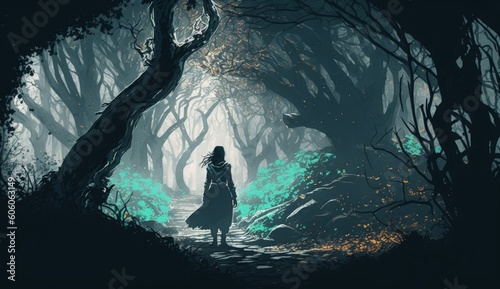 woman in mysterious dark forest, illustration painting, Generative AI