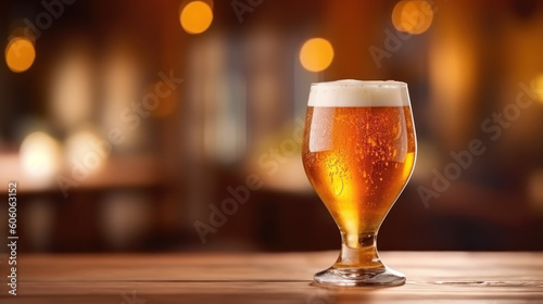 Glass of beer on wooden table with defocus cafe interior. October fest banner. AI generative