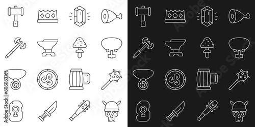 Set line Skull with viking helmet, Mace spikes, Necklace gem, Gem stone, Anvil for blacksmithing, Medieval poleaxe, Battle hammer and Mushroom icon. Vector