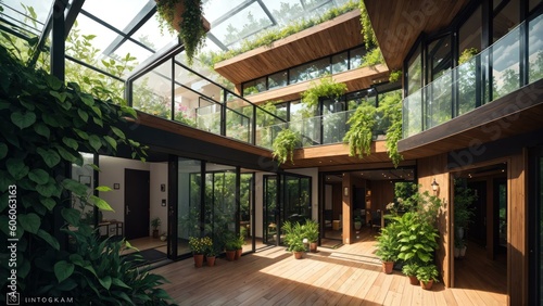 a building with glass windows and plants. Ai llustration. digital painting. Generative AI Artificial Intelligence Artwork