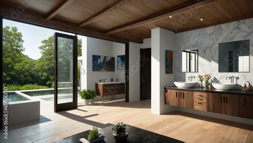 a bathroom with a large glass door. Ai llustration. digital painting. Generative AI Artificial Intelligence Artwork