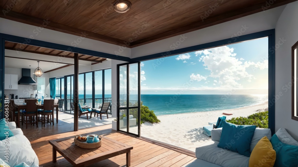 Fototapeta premium a room with a pool and a deck with chairs and a table. Ai llustration. digital painting. Generative AI Artificial Intelligence Artwork