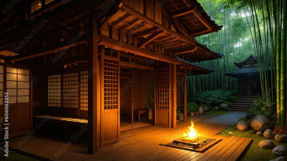 a wood house with a fire pit. Ai llustration. digital painting. Generative AI Artificial Intelligence Artwork a wood house with a fire pit. Ai llustration. digital painting. Generative AI Artificial Intelligence Artwork