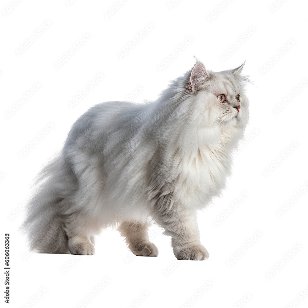 a White Persian cat with blue eyes, walking, full body, side and/4 view, fluffy and furry pet, Pet-themed, photorealistic illustrations in a PNG, cutout, and isolated. Generative AI