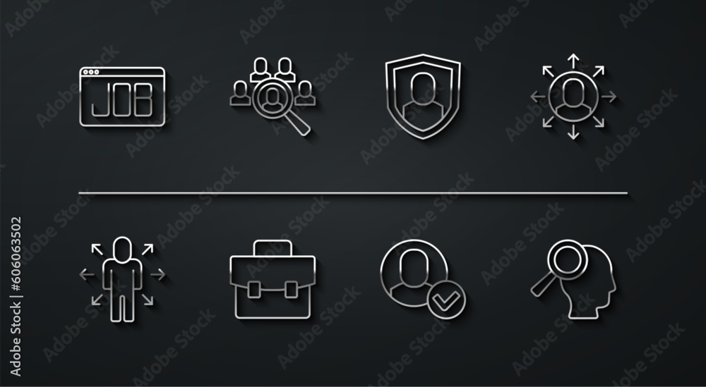 Set line Search job, Multitasking manager working, Worker, Briefcase, Magnifying glass for search, and User protection icon. Vector Set line Search job, Multitasking manager working, Worker, Briefcase, Magnifying glass for search, and User protection icon. Vector
