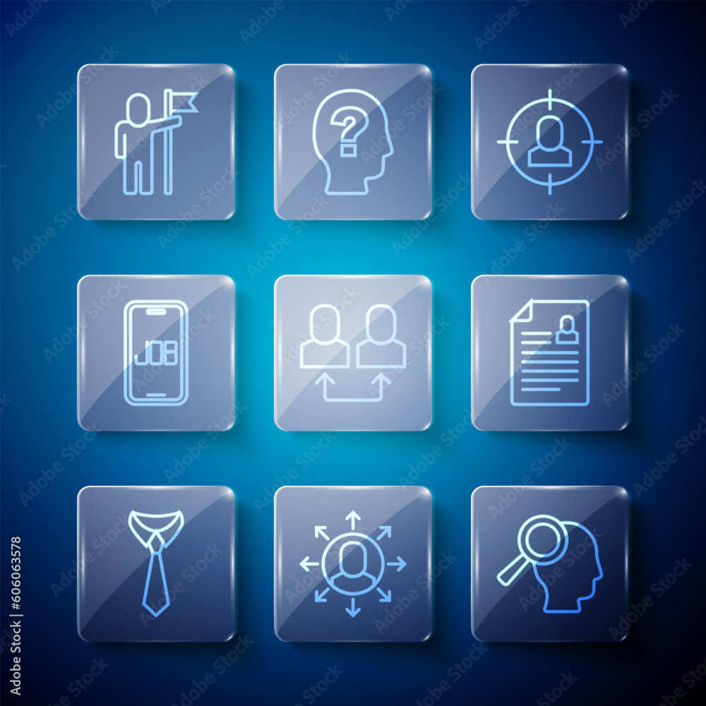 Set line Tie, Multitasking manager working, Magnifying glass for search job, Head hunting, Exchange, Search, Man holding flag and Resume icon. Vector Set line Tie, Multitasking manager working, Magnifying glass for search job, Head hunting, Exchange, Search, Man holding flag and Resume icon. Vector