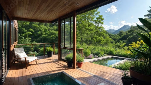 a deck with a pool and a deck with trees and mountains in the background. Ai llustration. digital painting. Generative AI Artificial Intelligence Artwork