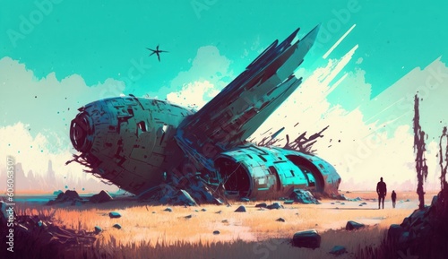 spaceship crashed on blue field, illustration painting, Generative AI