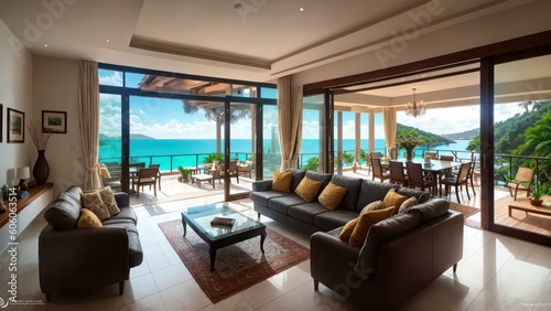 a living room with a view of the ocean. Ai llustration. digital painting. Generative AI Artificial Intelligence Artwork