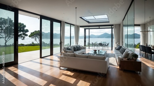 a large living room with large windows. Ai llustration. digital painting. Generative AI Artificial Intelligence Artwork