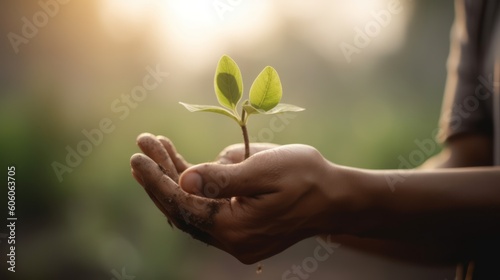 Close Up Plant in male Hands. Care of the Environment. Ecology concept. Generative AI